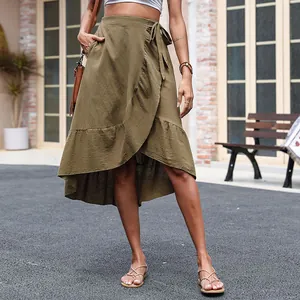 Women High Waist Cotton Blend Wrap Midi Skirt Casual Ruffle High-Low Hem With Side Tie Pockets Bohemian Army Green Skirt