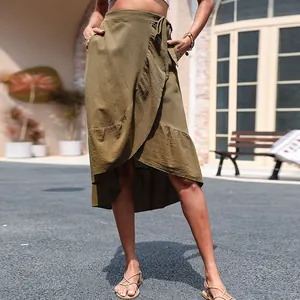 Olive green high-low cotton linen wrap skirt with ruffles and side pockets for summer
