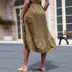 Olive green high waist linen ruffle skirt with elastic waist and casual midi length
