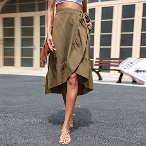 Olive green high waist linen wrap skirt with ruffle hem and side tie waist detail