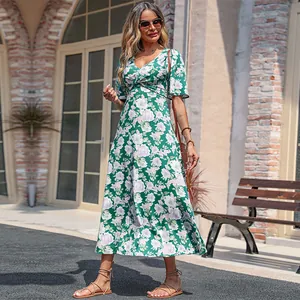 Robe Midi Fleurie Élégante pour Femmes avec Col en V Nœud Torsadé Manche Évasée Taille Haute Vert Imprimé Floral Été