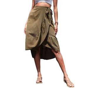 Olive green high-low ruffle wrap skirt made of cotton linen fabric with waist tie