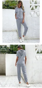 Front and back detail of grey short-sleeve hoodie and jogger pants lounge set