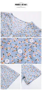 Detail des hellblauen Blumenkleides mit V-Ausschnitt, Knöpfen und feinem Blumenmuster