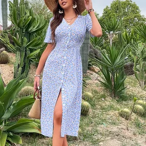 Französischer Stil V-Ausschnitt Blumenmuster Maxi Kleid Für Damen Kurzarm Knopfleiste Seitlicher Schlitz Urlaub Casual Sommerkleid