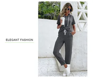 Close-up of a grey short-sleeve hoodie and drawstring joggers casual two-piece set