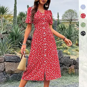 Französisches Midi-Blumenkleid mit V-Ausschnitt, Puffärmeln und Knöpfen in roter Farbe