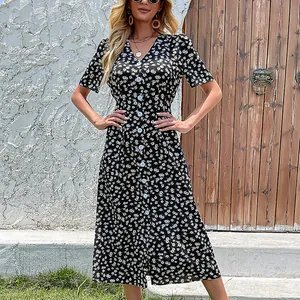 Französisches V-Ausschnitt Blumen-Midikleid mit Gänseblümchen-Muster und Knopfleiste