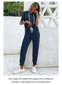 Navy short sleeve hoodie and joggers set with white drawstring detail for women