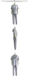 Three-angle view of gray short-sleeve hooded tracksuit with matching jogger pants set