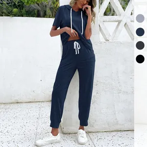 Women Loungewear Set Short Sleeve Hooded Top And Bottom Jogger Pants Casual Solid Color Tracksuit For Daily Wear