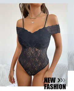 Detail of black floral lace fabric on a sleeveless bodysuit with slim shoulder straps