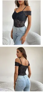 Detailed view of floral lace bodysuit with adjustable straps and off-shoulder lace sleeves