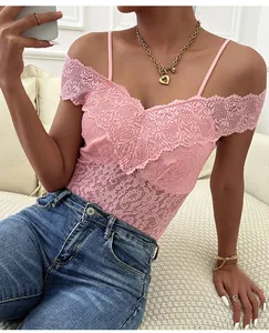 Close-up of pink floral lace bodysuit with elegant V-neck and delicate straps