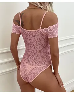 Detailed back view of pink lace bodysuit featuring adjustable straps and delicate floral mesh