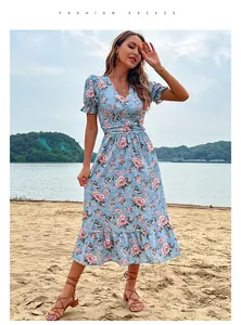 Détail d'une robe d'été à fleurs avec col en V, manches volantées et motif bleu clair
