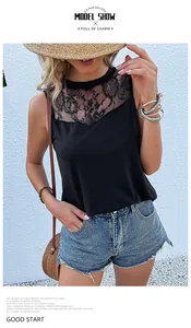 Dettaglio del pizzo floreale su una canotta nera slim fit con scollo rotondo estiva