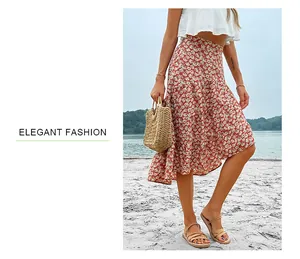 Detail of red floral tiered skirt featuring layered ruffles for a summer vacation look