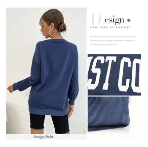 Detail view showing navy long sleeve sweatshirt with ribbed cuffs and stylish back print design