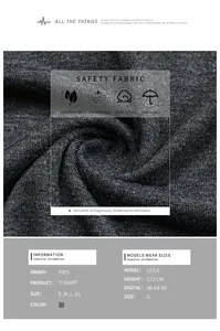 Detail of dark grey knit T-shirt fabric texture and size chart for S-XL measurements
