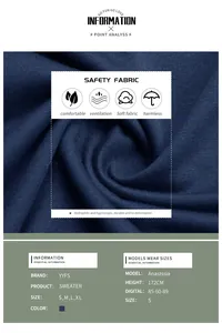 Size chart for navy knit sweater showing fabric texture, size S-XL and model details