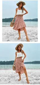 Floral print asymmetric skirt with ruffle trim set in a summer beach vacation scene