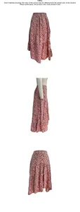 Detail of red floral print tiered skirt featuring an elastic waist and ruffled hemline
