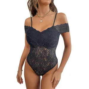 Elegant black floral lace bodysuit with thin straps and off-shoulder V-neckline