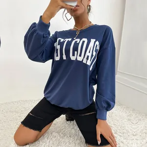 Women Casual West Coast Letter Print Sweatshirt Cotton Blend Round Neck Long Sleeve Drop Shoulder Royal Blue Pullover Top