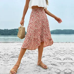Women's Bohemian Floral Print Ruffle Midi Skirt High Waist Irregular Tiered Vacation A-Line Summer Beach Flowy Skirt