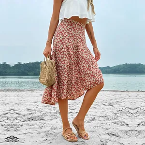 Floral print high waist tiered midi skirt with ruffles for summer beach vacation style