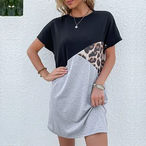 Robe T-Shirt Décontractée pour Femmes avec Patchwork Imprimé Léopard Col Rond Manches Courtes Color Block Robe Mini Été