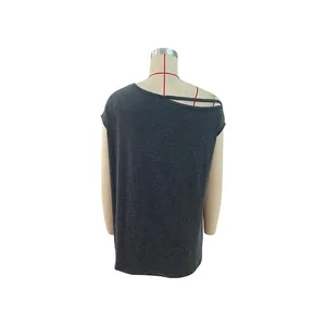 Detailed back view of dark gray asymmetrical off-shoulder top with cutout strap detail