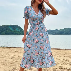 Robe Midi à Imprimé Floral pour Femmes Col en V Manches Bouffantes Courtes Ourlet à Volants Style Pastoral Boho Trapèze