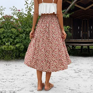 Floral print high waist tiered midi skirt with red base and white flower pattern