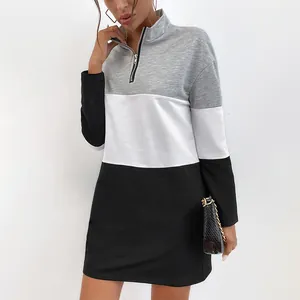Women's Casual Color Block Hoodie Dress Half Zipper Stand Collar Long Sleeve Patchwork Sweatshirt Mini Dress Cotton Blend