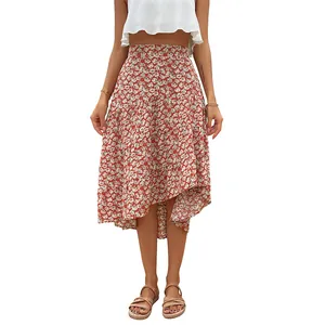 Red floral ruffle midi skirt with high waist and irregular layered tiered hemline