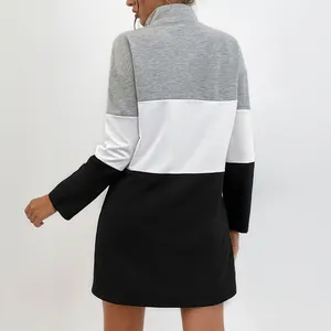 Women black grey and white colorblock long sleeve mini dress with stand collar