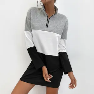 Women's color block quarter zip sweatshirt dress in grey white and black panels
