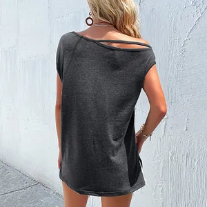 Charcoal grey off-shoulder cutout top featuring irregular design and soft fabric