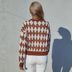 Vista posteriore esterna di un maglione classico in maglia a rombi marrone e bianco