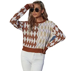 Maglione da donna in maglia vintage con motivo a rombi e girocollo marrone