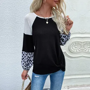 Women's Casual Waffle Knit T-Shirt Leopard Print Colorblock Long Sleeve Top With Twist Knot Hem Fashion Patchwork Crew Neck Pullover