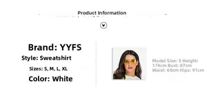 Size chart and model measurements for white cropped hoodie with S, M, L, XL dimensions