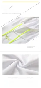 Detail of white cropped hoodie featuring neon green drawstrings and Hey! embroidery