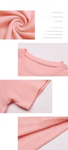 Detailansichten von Rundhalsausschnitt, Nähten und weichem rosa Baumwollstoff des T-Shirts