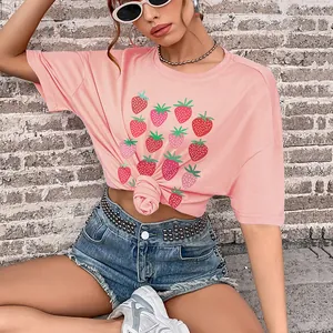 Damen Casual Erdbeer-Print Oversized T-Shirt Rundhals Kurzarm Polyester Elasthan Sommer Loose Fit Fashion Top