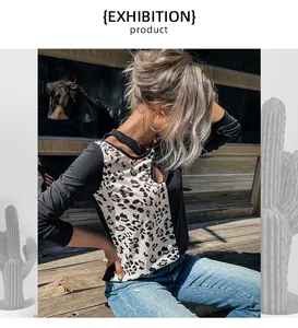 Detail of hollow-out neckline and leopard print patchwork on long-sleeved top