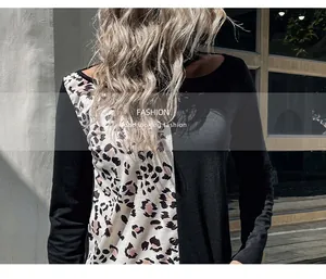 Close-up of knit fabric texture on long sleeve leopard print patchwork sweater