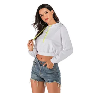 White cropped hoodie with long sleeves and neon drawstrings featuring 'Hey' embroidery detail